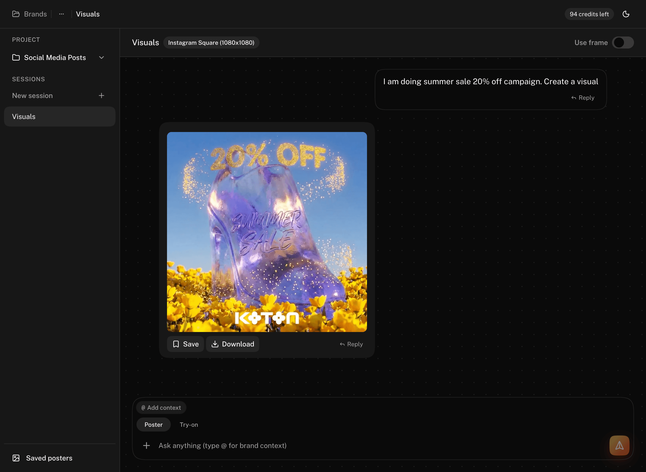 Posty interface on mobile showing generated social media poster
