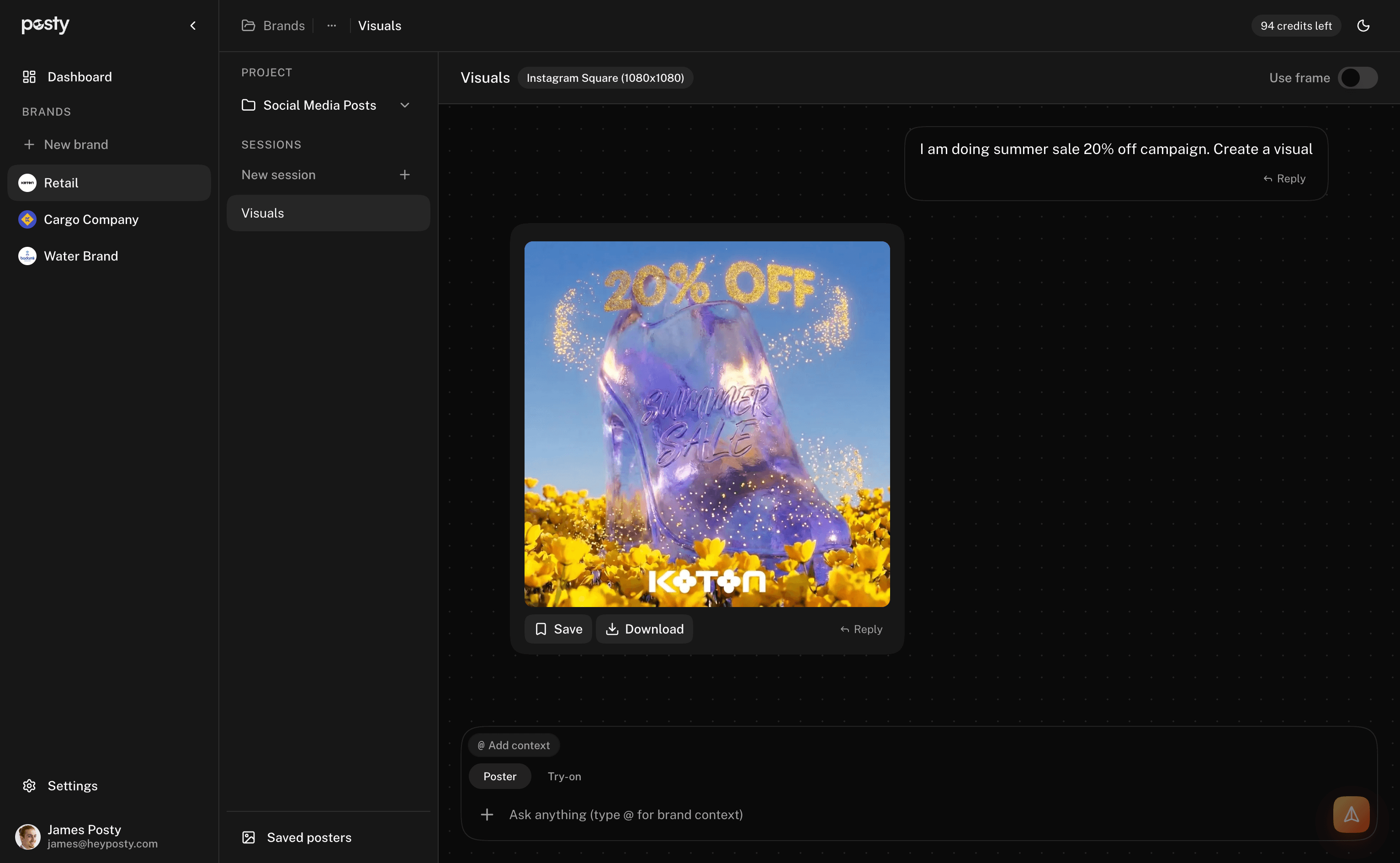 Posty interface on desktop showing generated social media poster